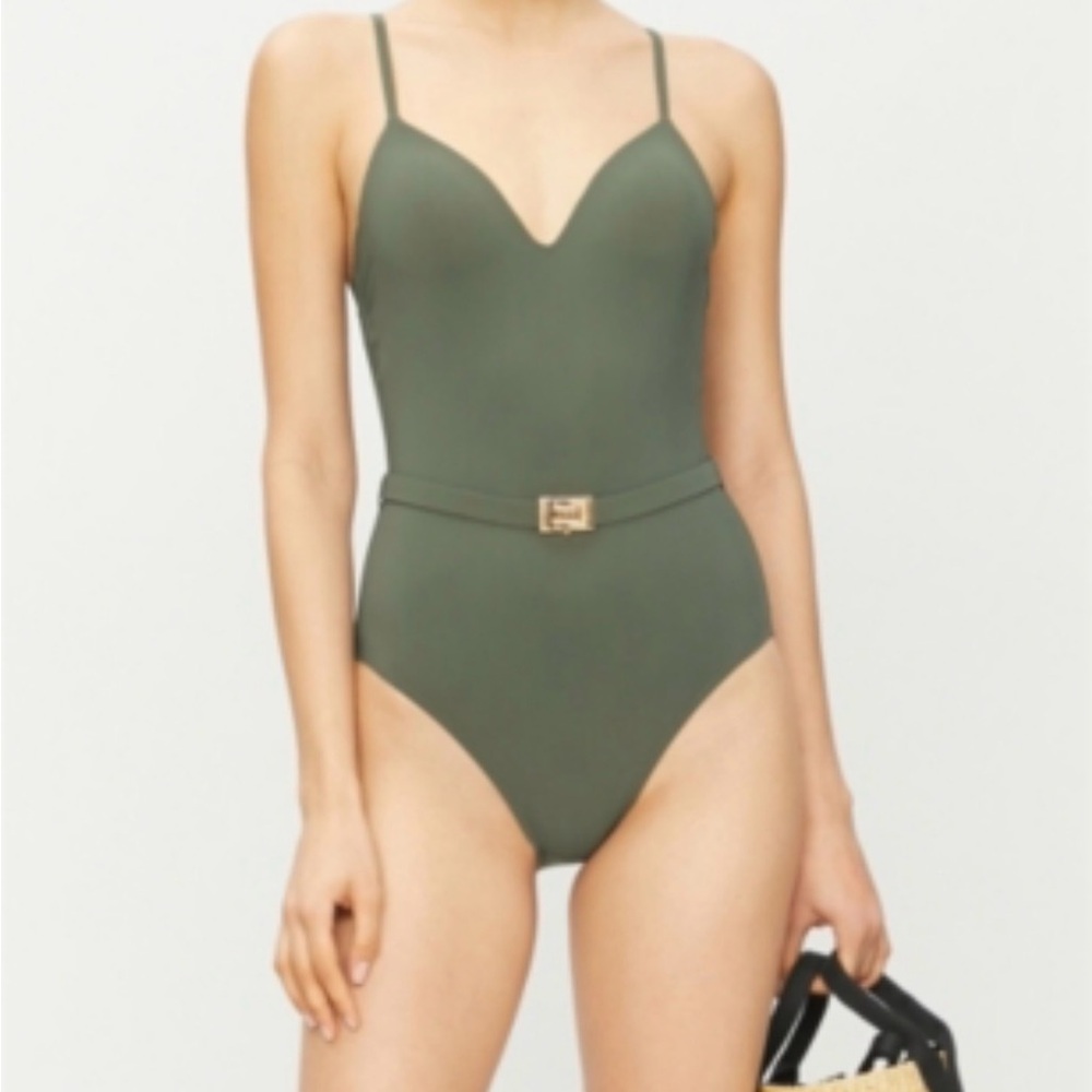 Tory Burch Olive Green One-Piece Swimsuit with Gold Buckle